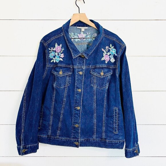 Woman Within Floral Embroidered Boho Denim Jean Jacket, Size 26W Cottagecore - Picture 1 of 11
